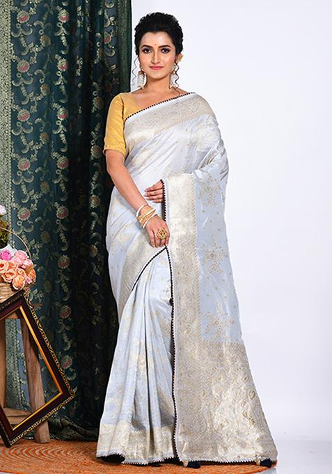 Grey Pure Russian Silk Saree Set