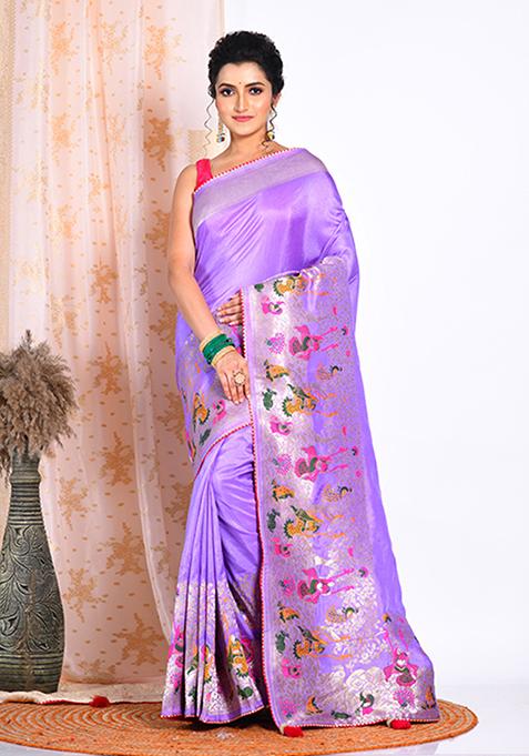 Purple Pure Russian Silk Saree Set