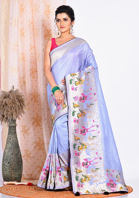 Light Blue Pure Russian Silk Saree Set