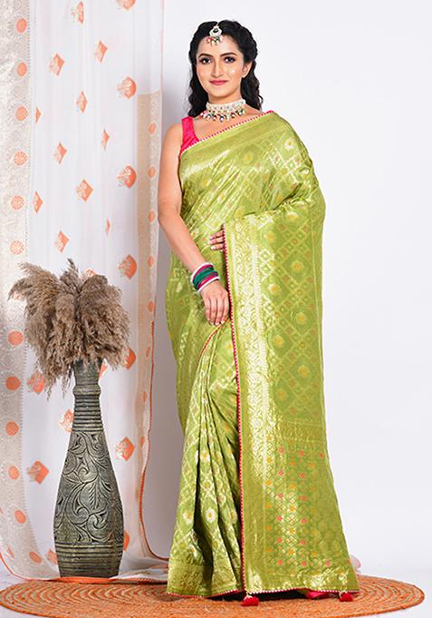 Green Pure Russian Silk Saree Set