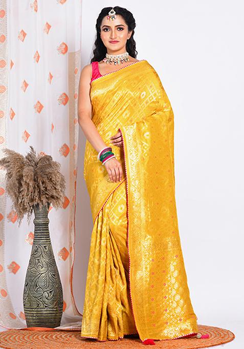 Yellow Pure Russian Silk Saree Set