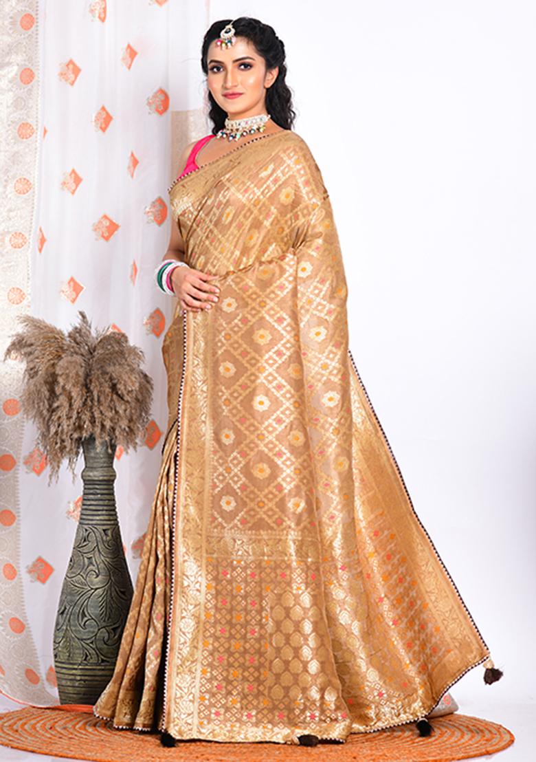Brown Pure Russian Silk Saree Set