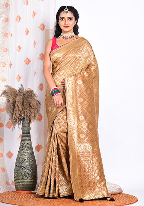 Brown Pure Russian Silk Saree Set