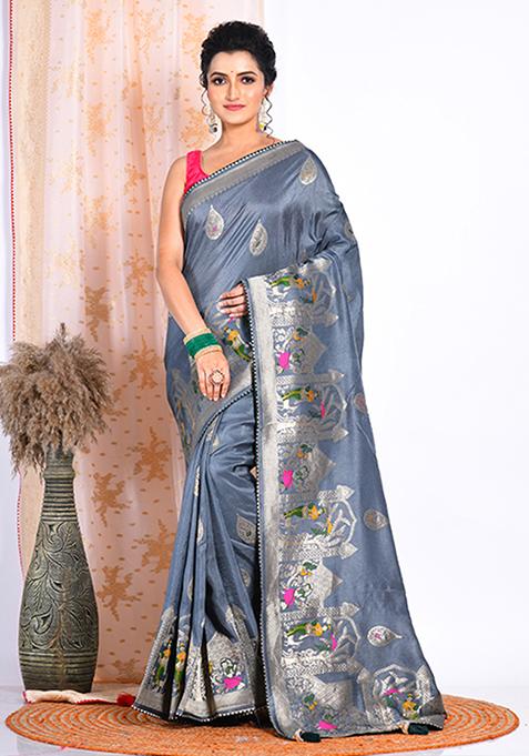 Grey Russian Silk Saree Set