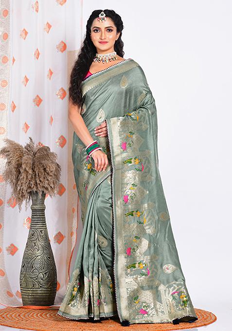 Green Russian Silk Saree Set