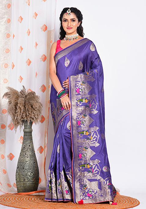 Purple Russian Silk Saree Set