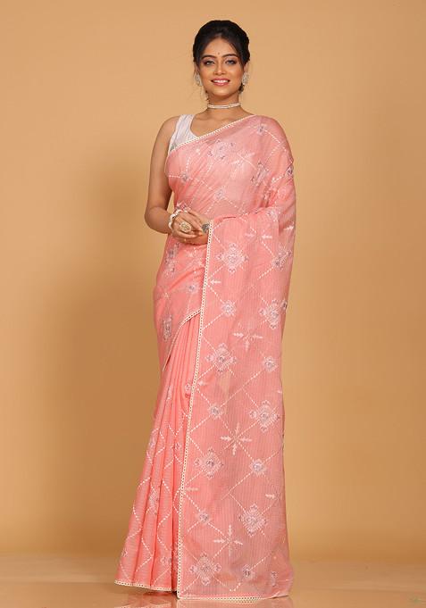 Peach Embroidered Saree Set