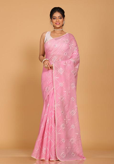 Pink Embroidered Saree Set