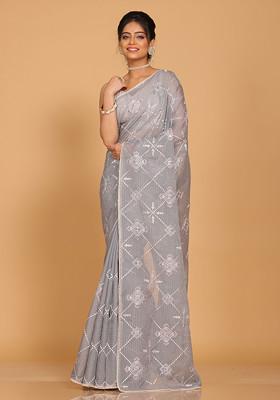 Grey Embroidered Saree Set