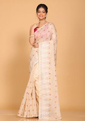 Beige Embroidered Pure Cotton Saree Set