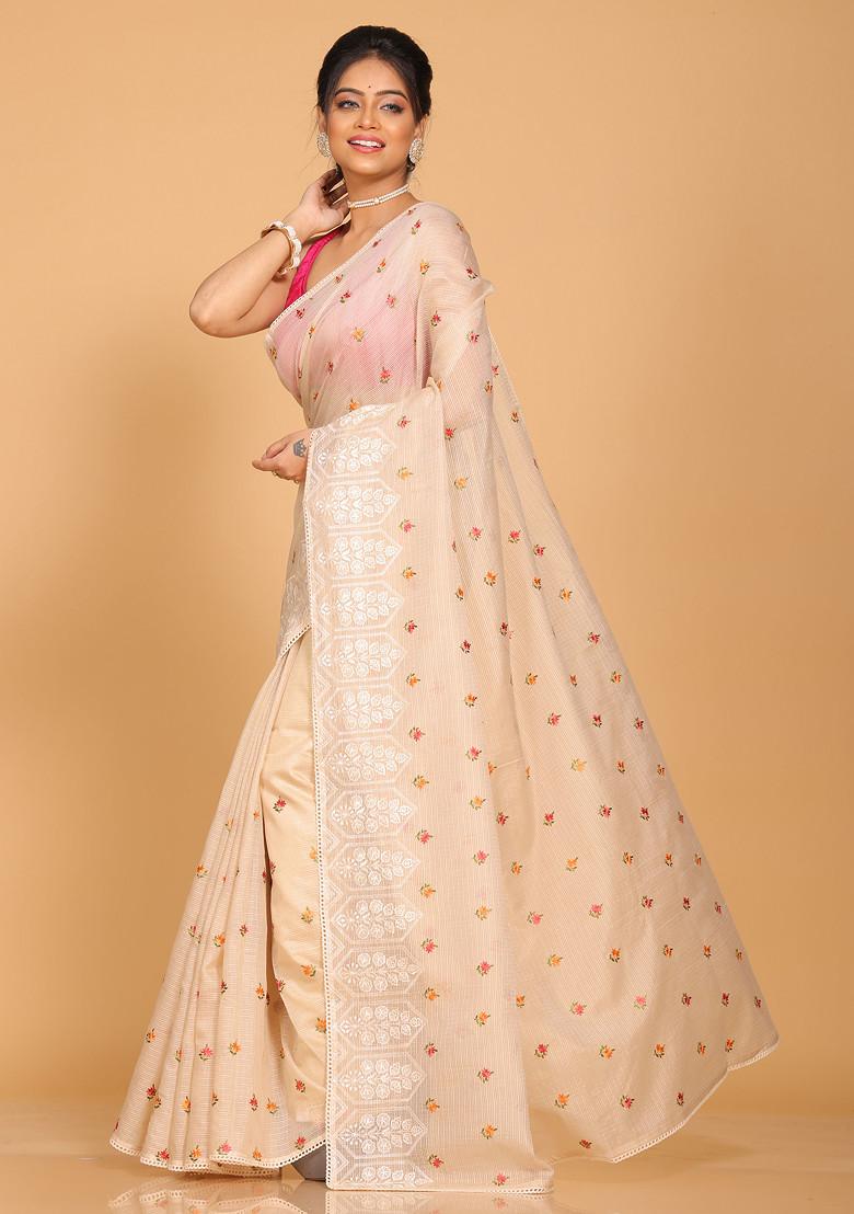 Beige Embroidered Pure Cotton Saree Set - Indya