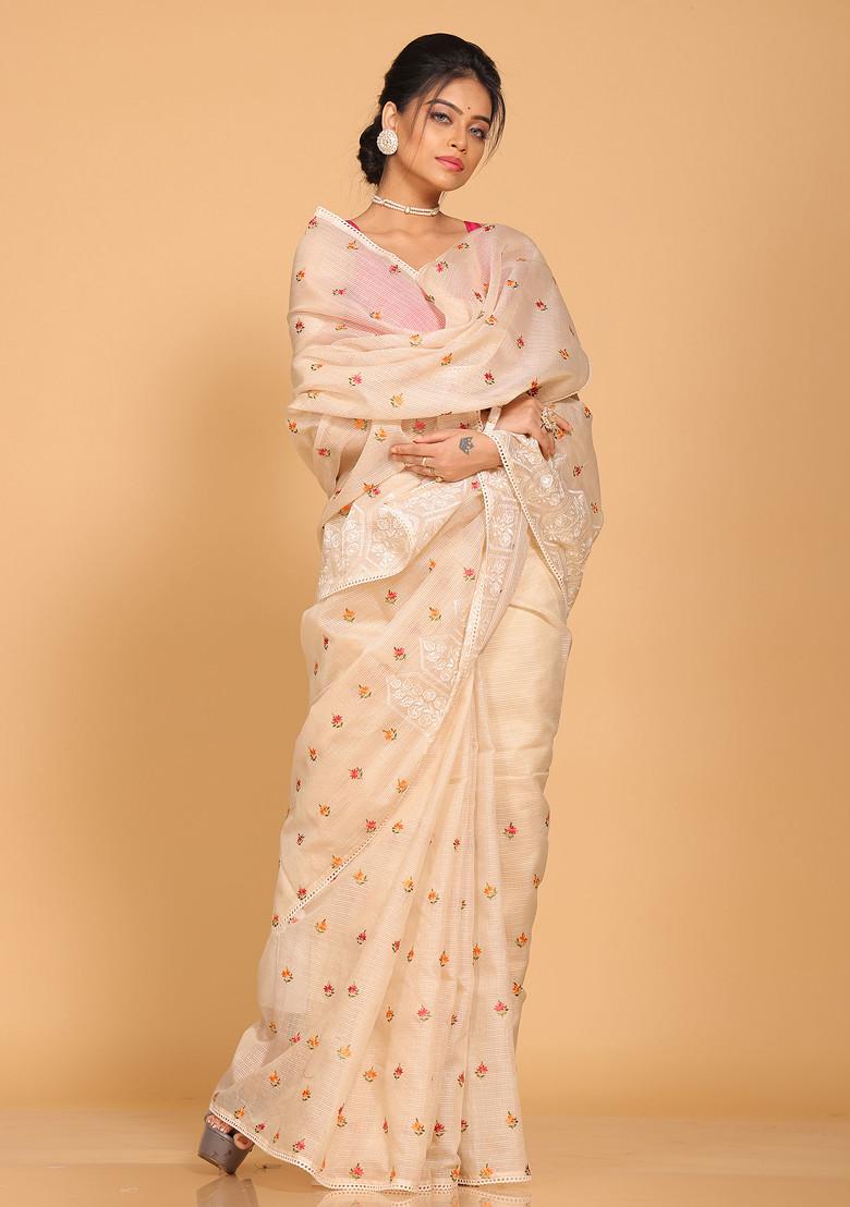 Beige Embroidered Pure Cotton Saree Set - Indya