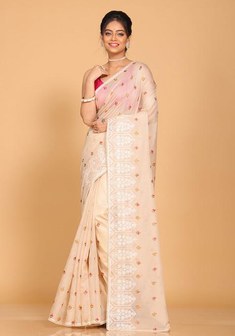 Beige Embroidered Pure Cotton Saree Set