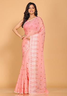 Peach Embroidered Pure Cotton Saree Set