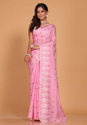 Pink Embroidered Pure Cotton Saree Set