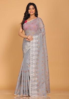 Grey Embroidered Pure Cotton Saree Set