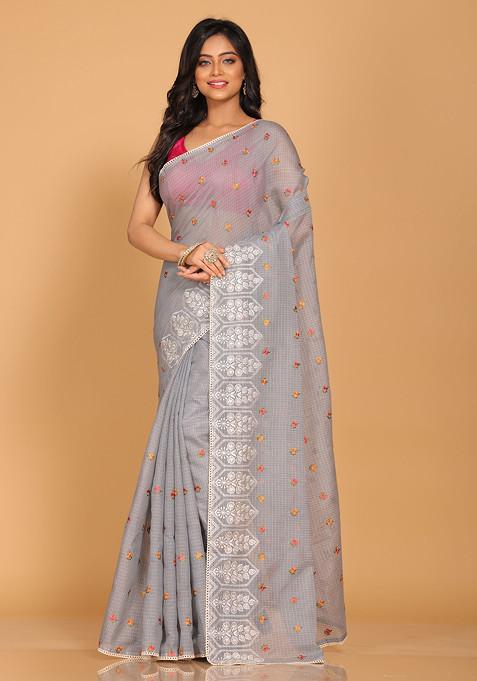 Grey Embroidered Pure Cotton Saree Set