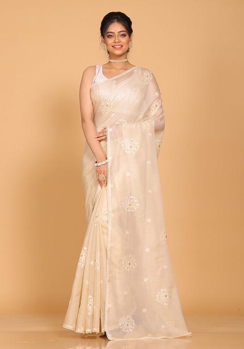 Beige Embroidered Pure Cotton Saree Set