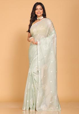 Green Embroidered Pure Cotton Saree Set