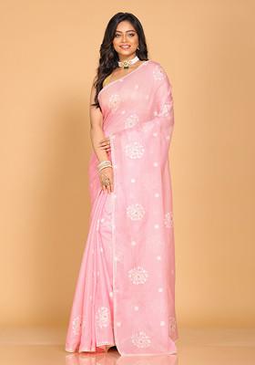 Pink Embroidered Cotton Saree Set