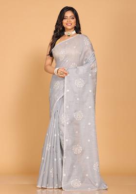 Grey Embroidered Cotton Saree Set