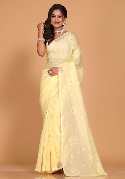 Yellow Embroidered Cotton Saree Set