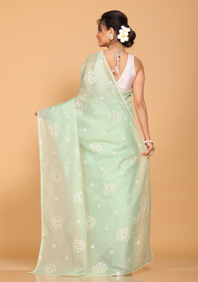 Lime Green Embroidered Cotton Saree Set