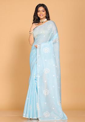 Blue Embroidered Cotton Saree Set
