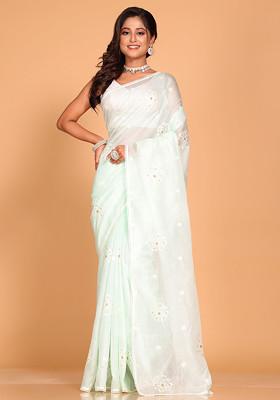 Sea Green Embroidered Cotton Saree Set