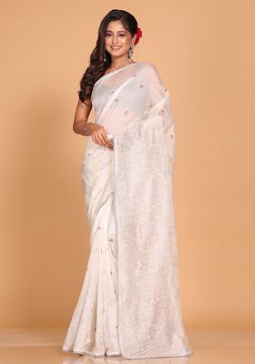 Off White Embroidered Net Cotton Saree Set