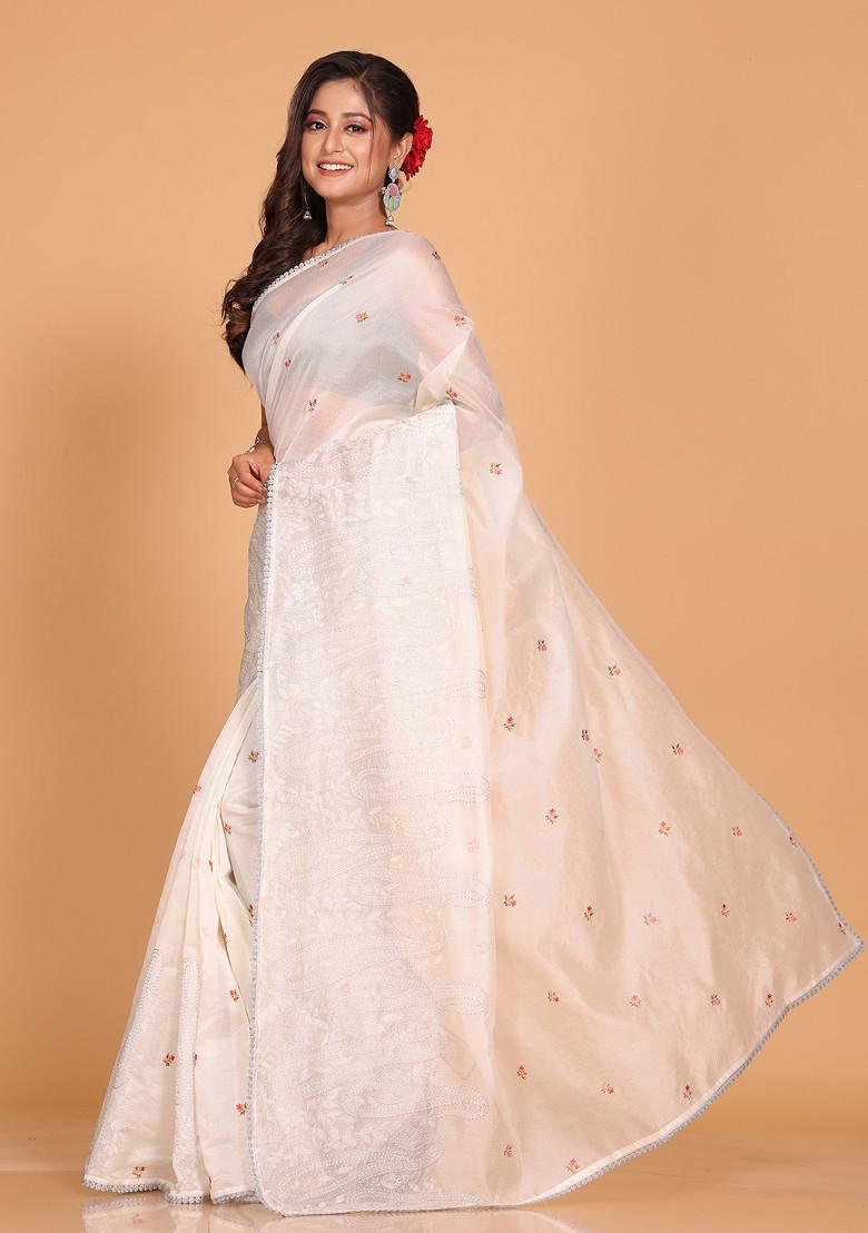 Off White Embroidered Net Cotton Saree Set