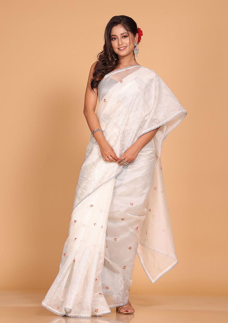 Off White Embroidered Net Cotton Saree Set