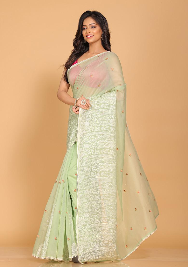 Green Embroidered Net Cotton Saree Set