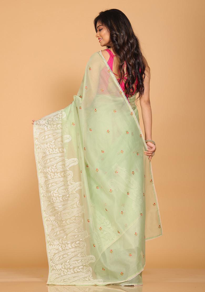 Green Embroidered Net Cotton Saree Set
