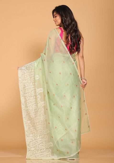 Green Embroidered Net Cotton Saree Set