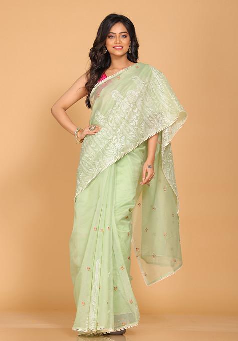 Green Embroidered Net Cotton Saree Set