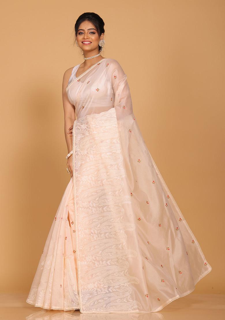 Light Peach Embroidered Net Cotton Saree Set