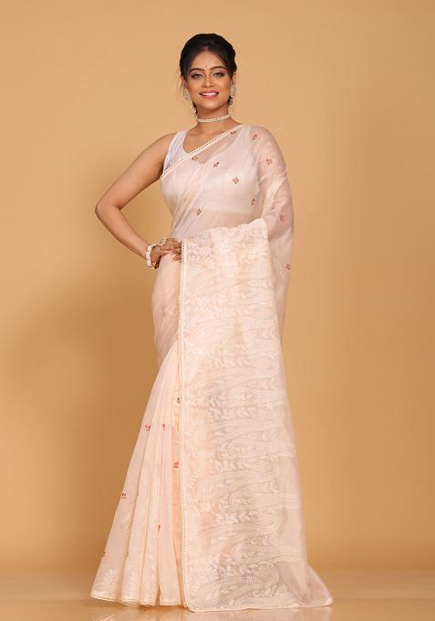 Light Peach Embroidered Net Cotton Saree Set