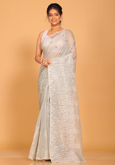 Dark Grey Embroidered Cotton Net Saree Set