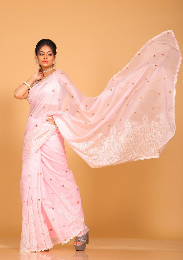 Light Pink Embroidered Cotton Net Saree Set - Indya