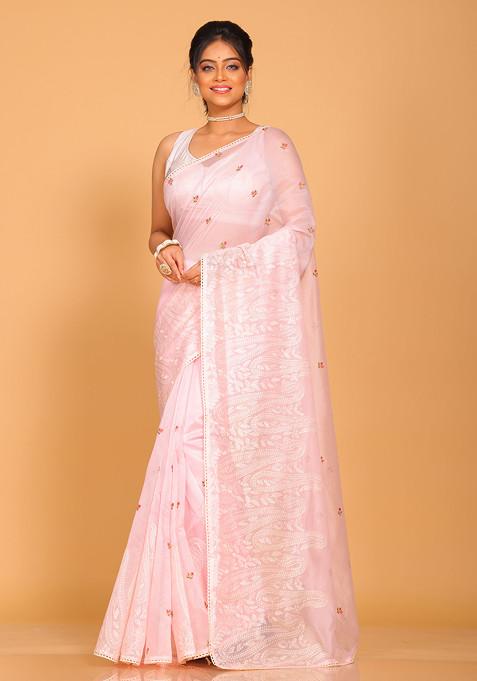 Light Pink Embroidered Cotton Net Saree Set