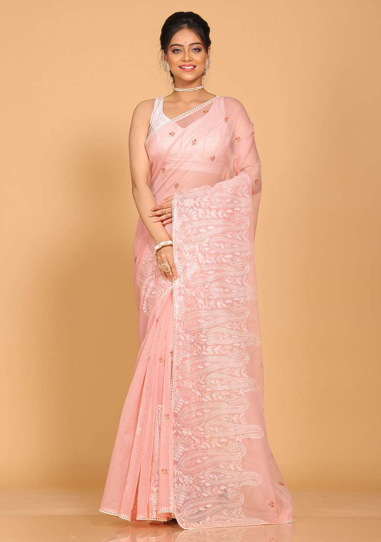 Onion Pink Embroidered Cotton Net Saree Set for Diwali and Festive Wear - Indya