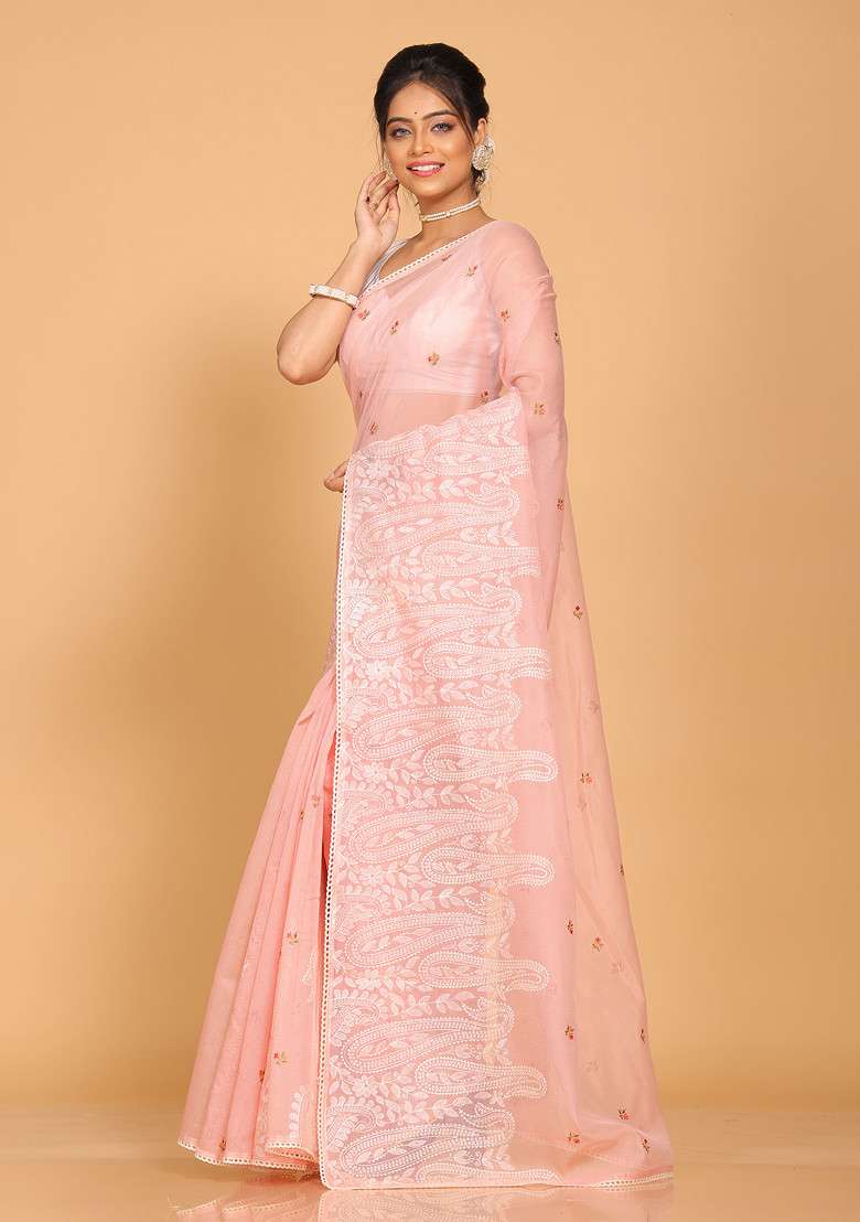 Onion Pink Embroidered Cotton Net Saree Set for Diwali and Festive Wear - Indya