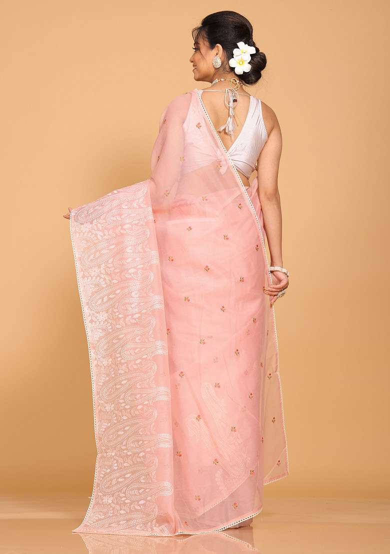 Onion Pink Embroidered Cotton Net Saree Set for Diwali and Festive Wear - Indya