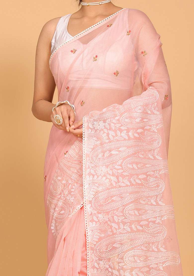 Onion Pink Embroidered Cotton Net Saree Set for Diwali and Festive Wear - Indya