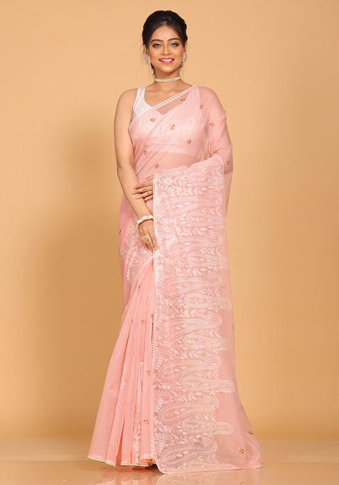 Onion Pink Embroidered Cotton Net Saree Set