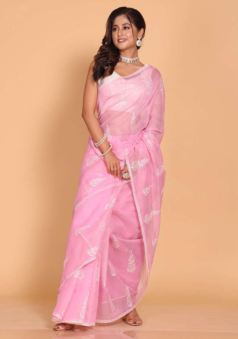 Pink Embroidered Cotton Net Saree Set for Diwali and Festive Wear - Indya