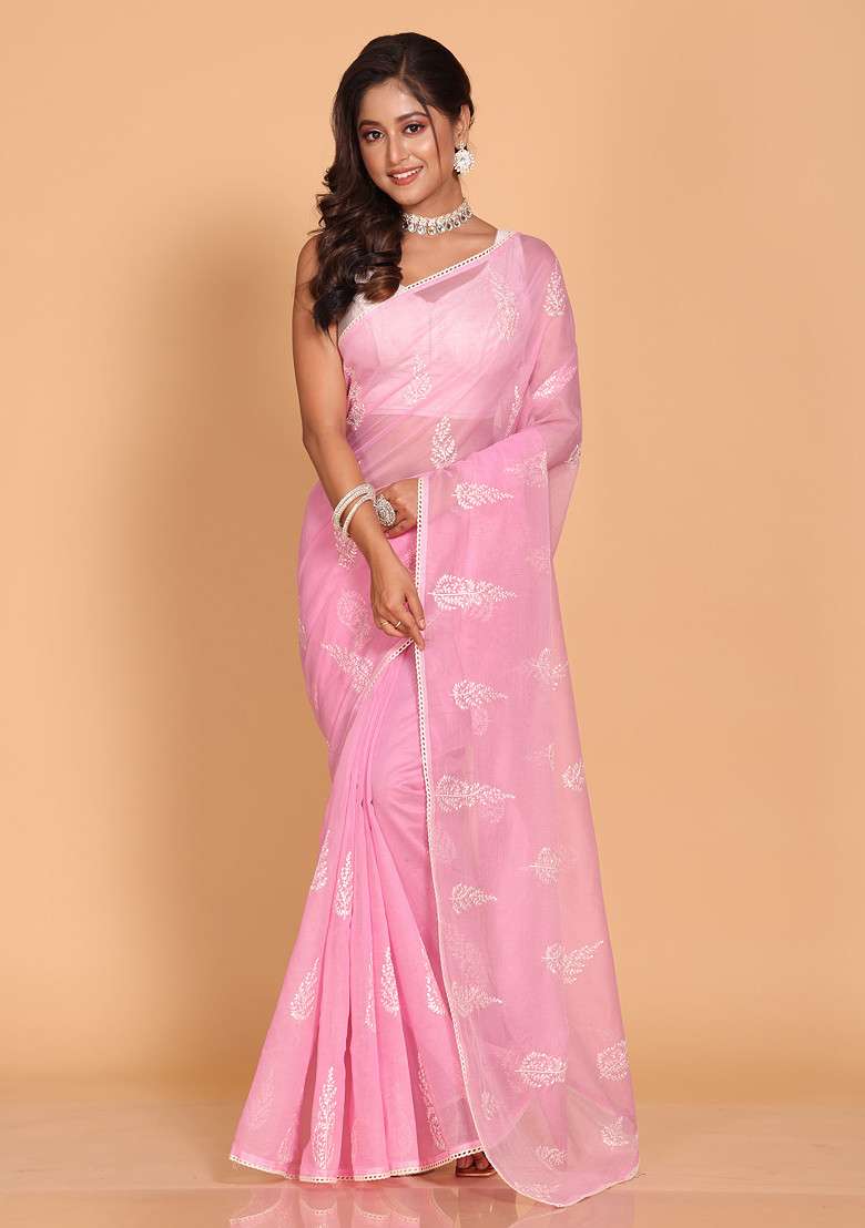 Pink Embroidered Cotton Net Saree Set for Diwali and Festive Wear - Indya