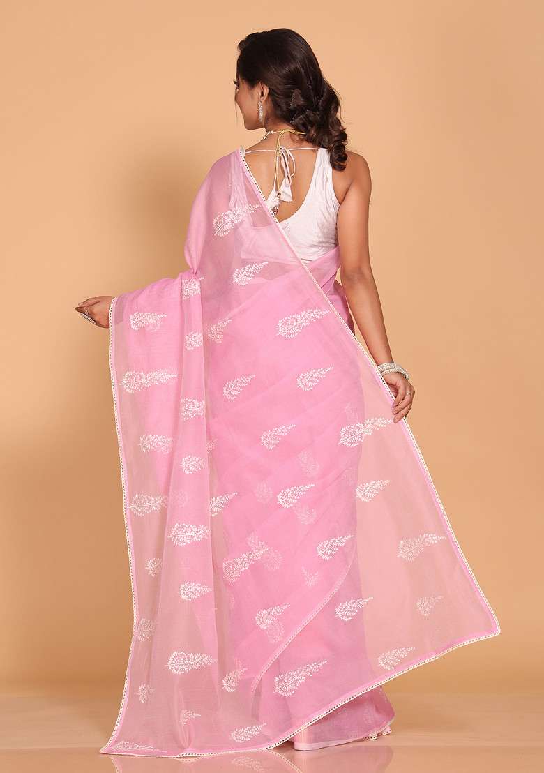 Pink Embroidered Cotton Net Saree Set for Diwali and Festive Wear - Indya