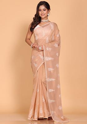 Brown Embroidered Cotton Net Saree Set